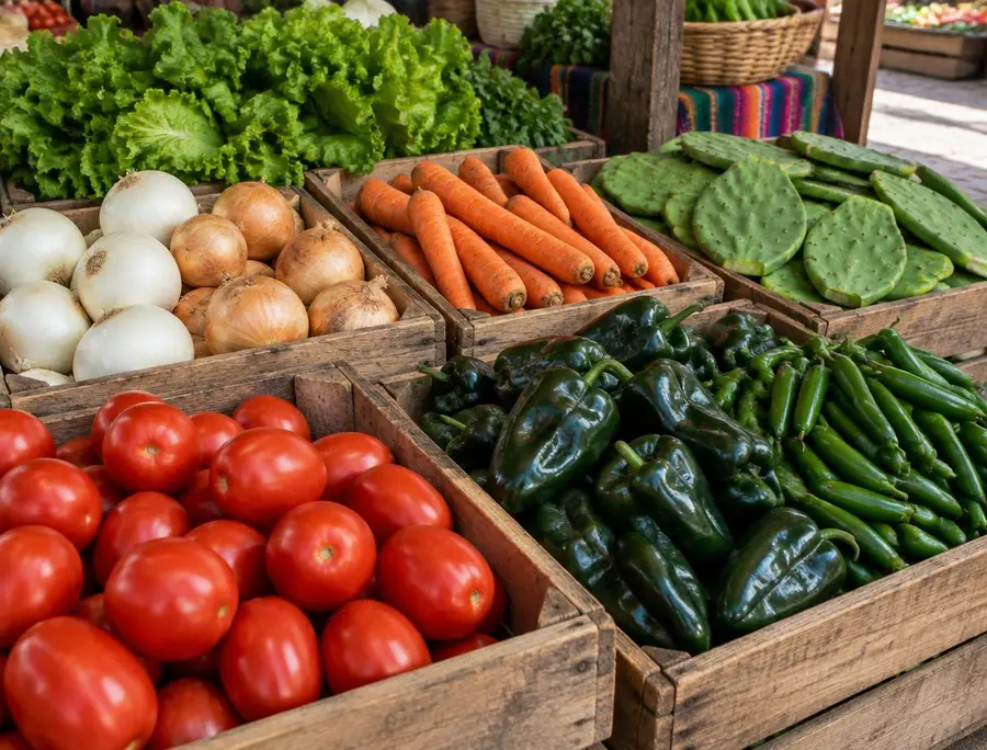 Cajas de madera con jitomate, cebolla, zanahoria, chiles y nopales (imagen ilustrativa)