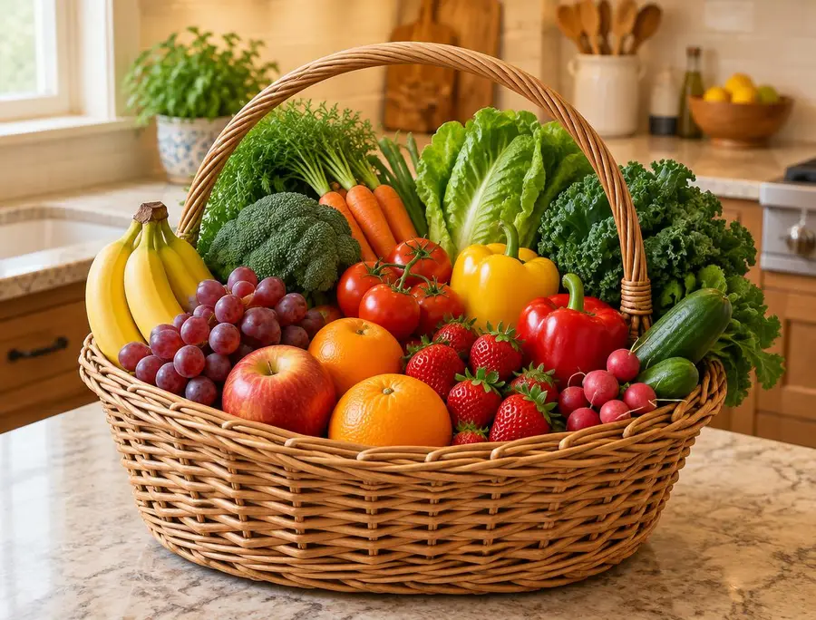 Canasta de mimbre con fruta y verdura variada (imagen ilustrativa)