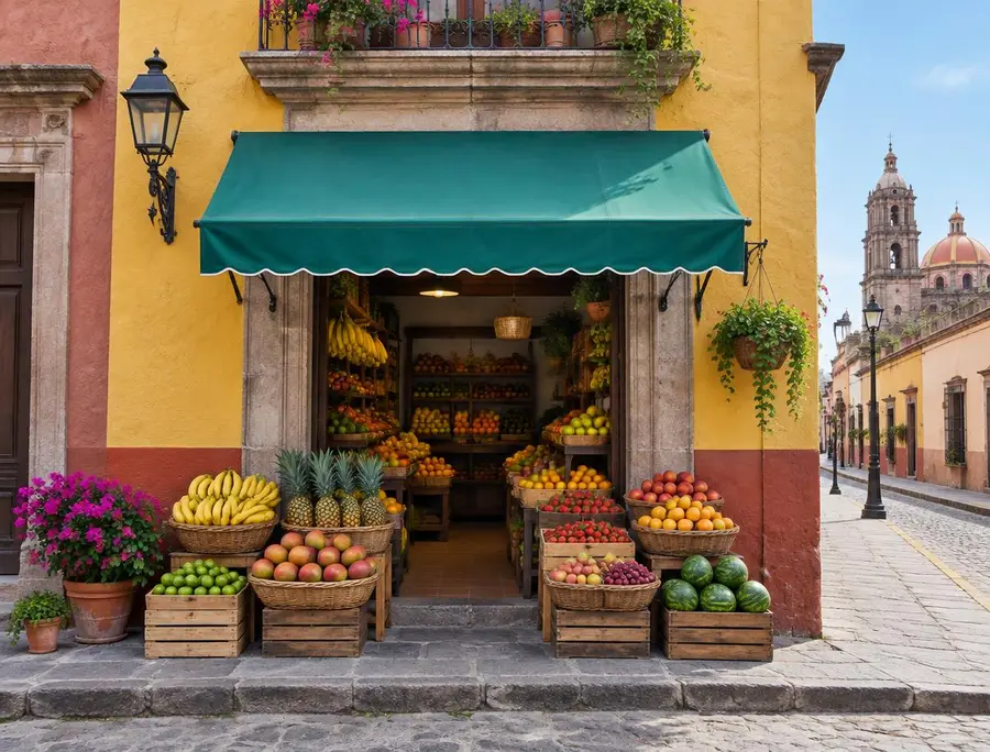 Fachada de frutería con toldo verde en un centro histórico (imagen ilustrativa)