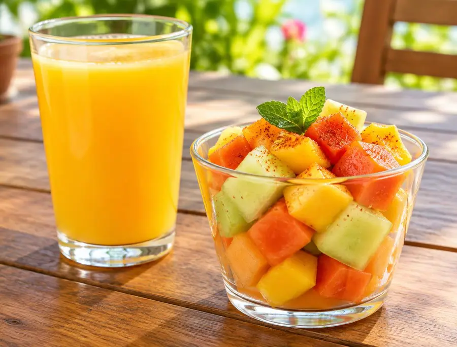 Vaso de jugo de naranja y ensalada de frutas (imagen ilustrativa)